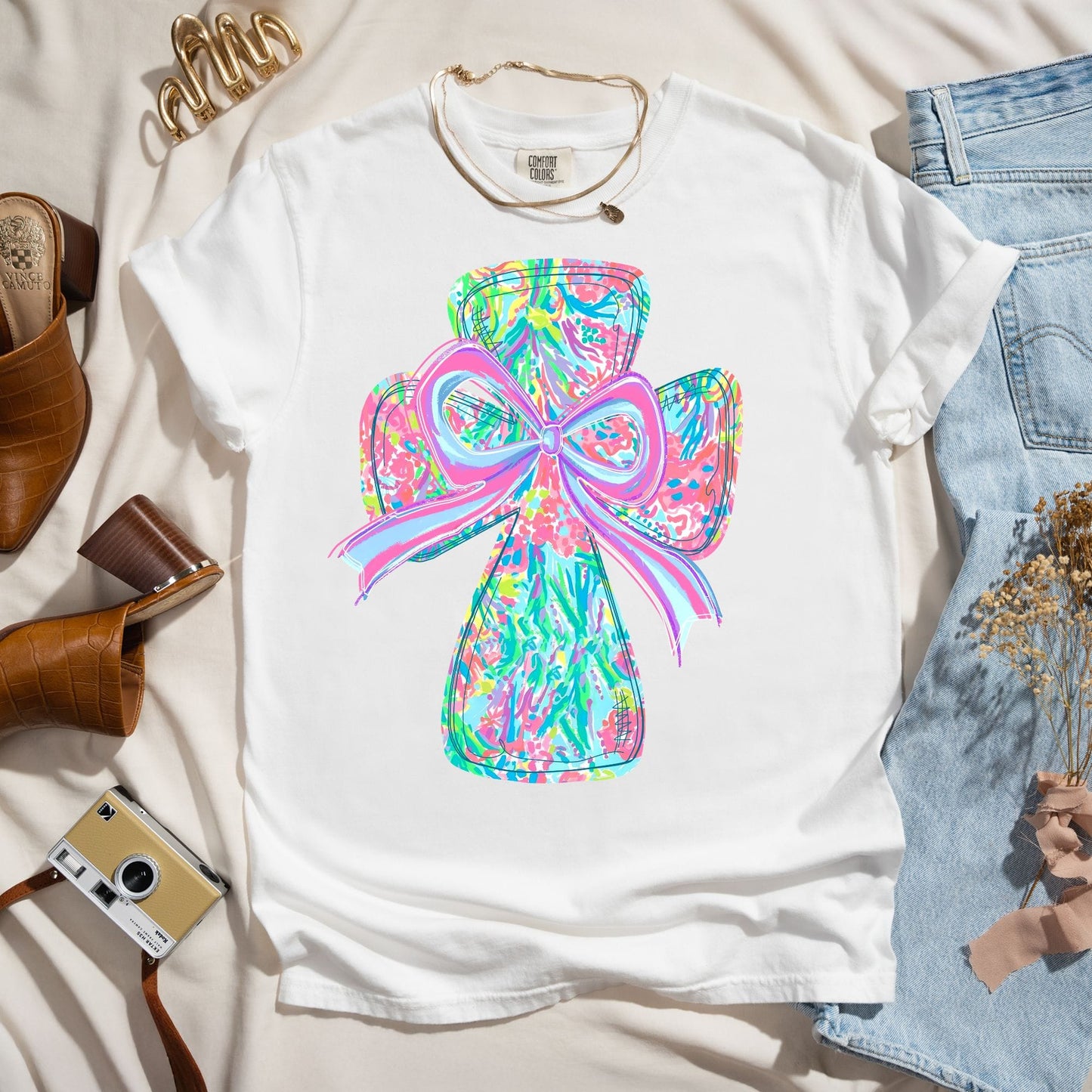 Colorful Coquette Cross & Bow - Faith Tee