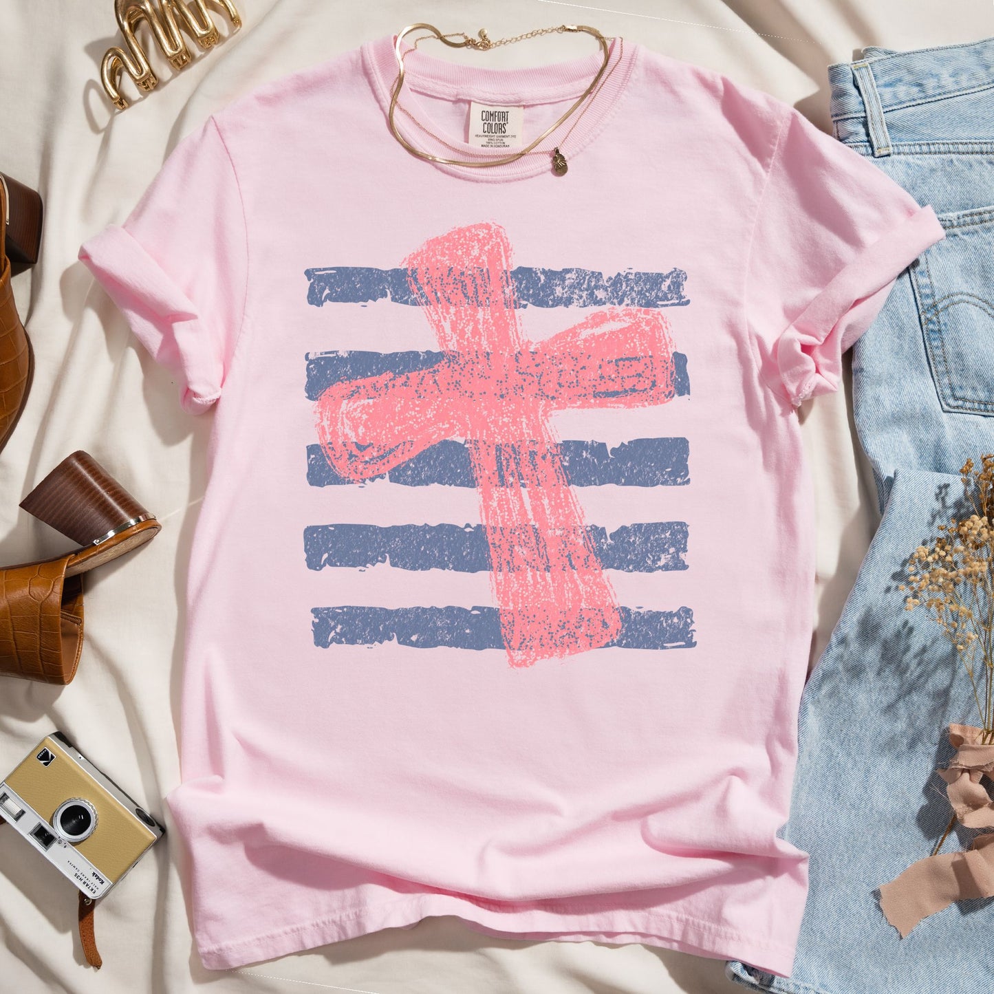 Pink Cross Striped Faith Tee