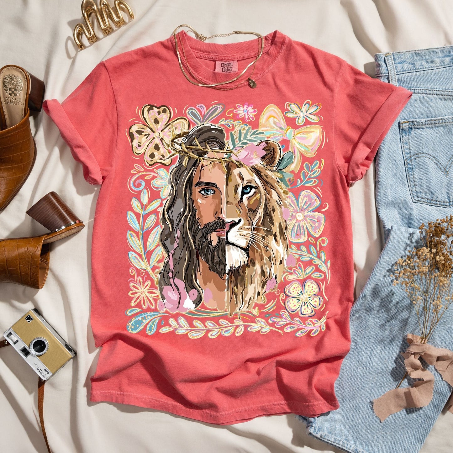 Lion of Judah Jesus Floral Tee