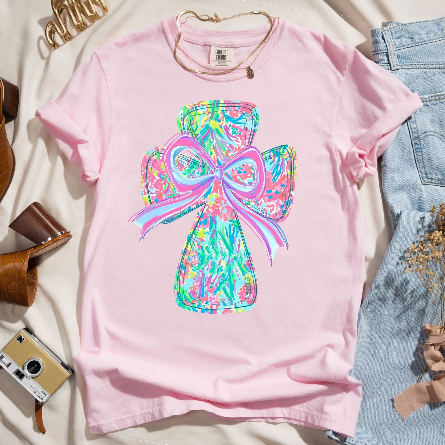 Colorful Coquette Cross & Bow - Faith Tee