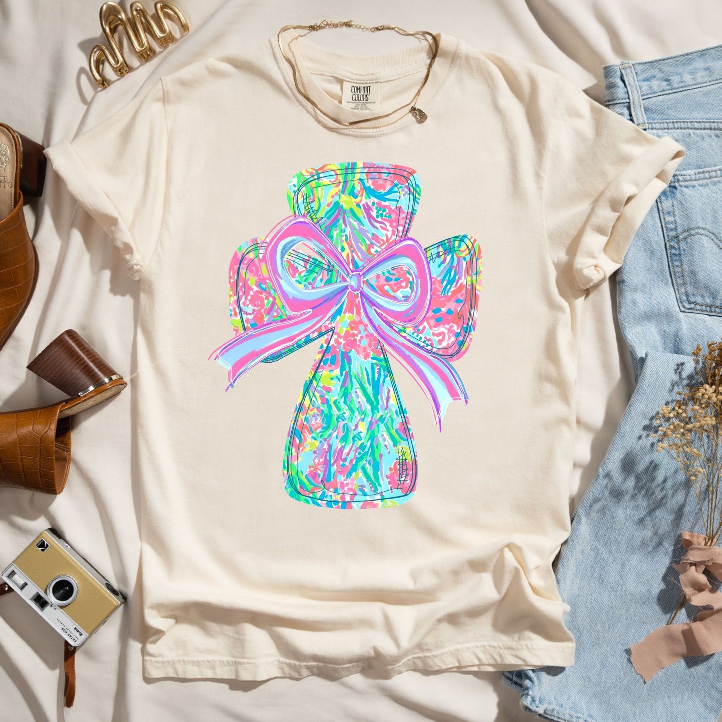 Colorful Coquette Cross & Bow - Faith Tee