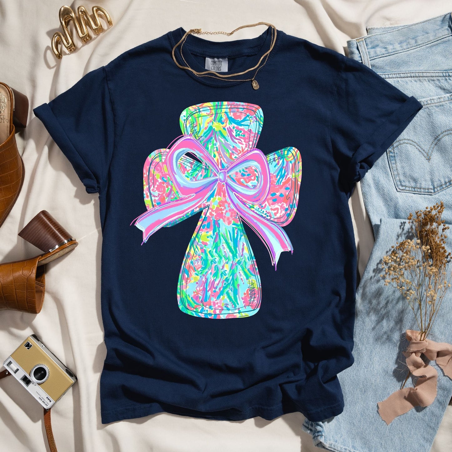 Colorful Coquette Cross & Bow - Faith Tee