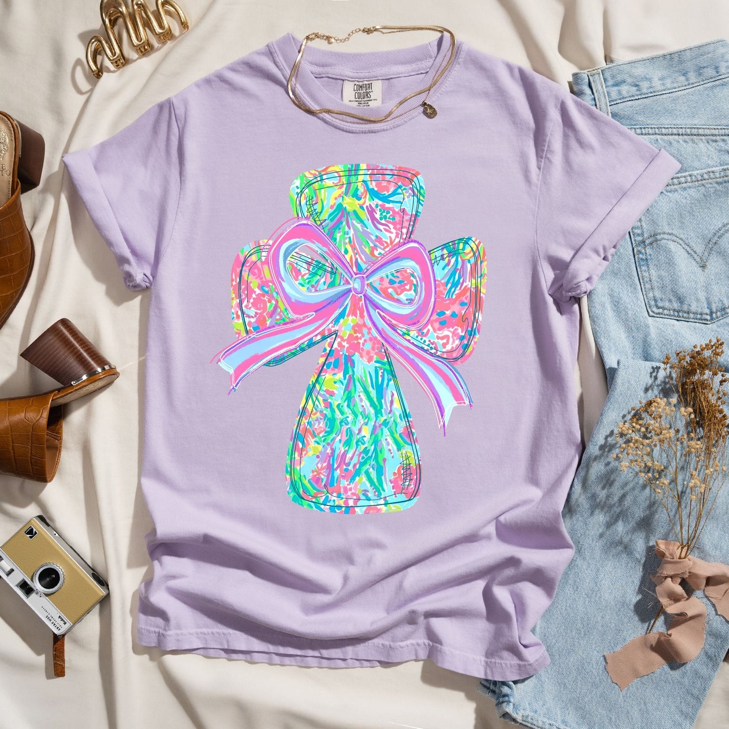 Colorful Coquette Cross & Bow - Faith Tee