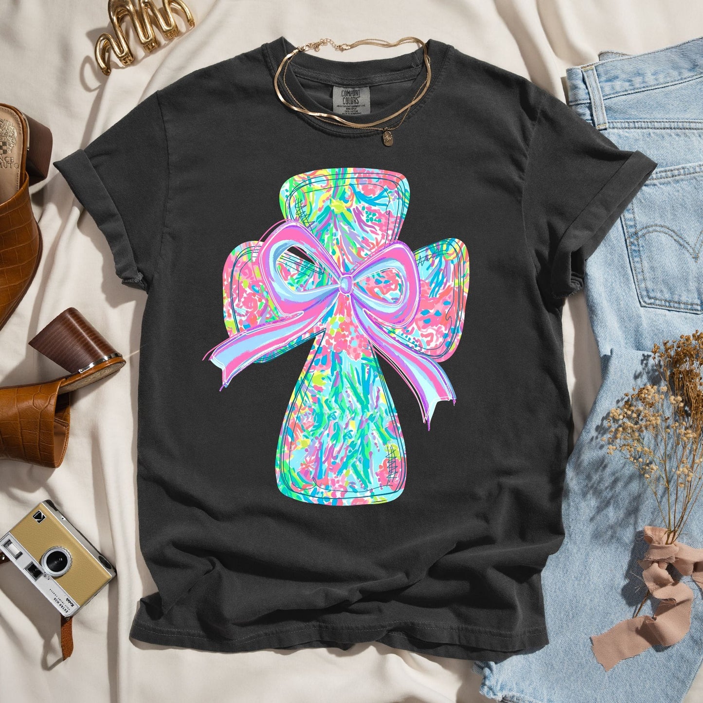 Colorful Coquette Cross & Bow - Faith Tee
