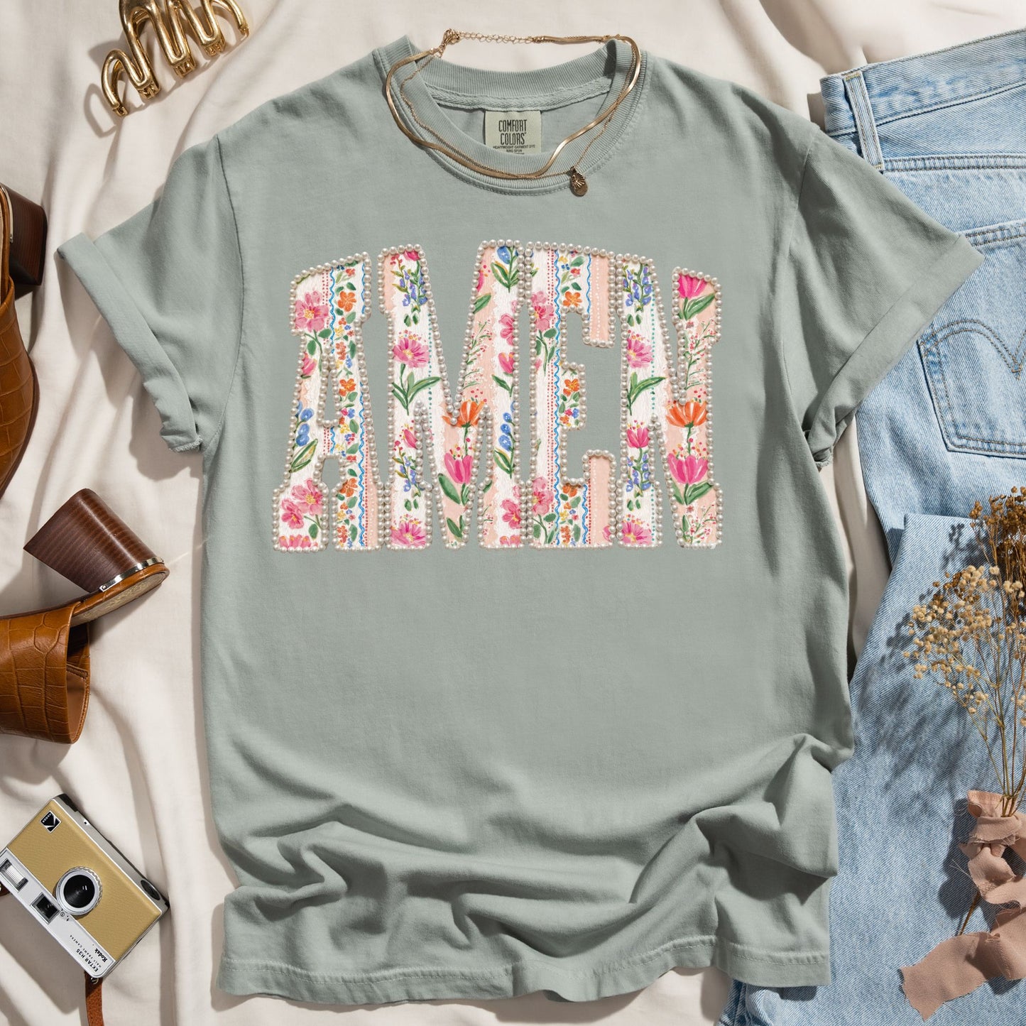 Amen Floral Pearl Letter - Christian Tee