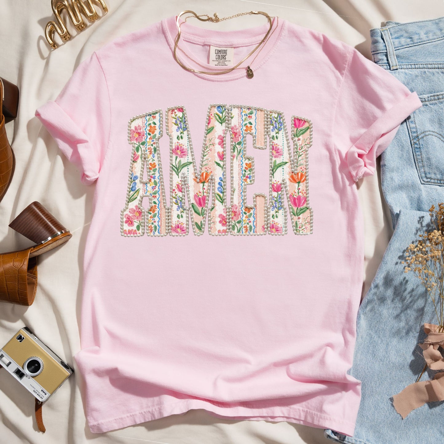 Amen Floral Pearl Letter - Christian Tee