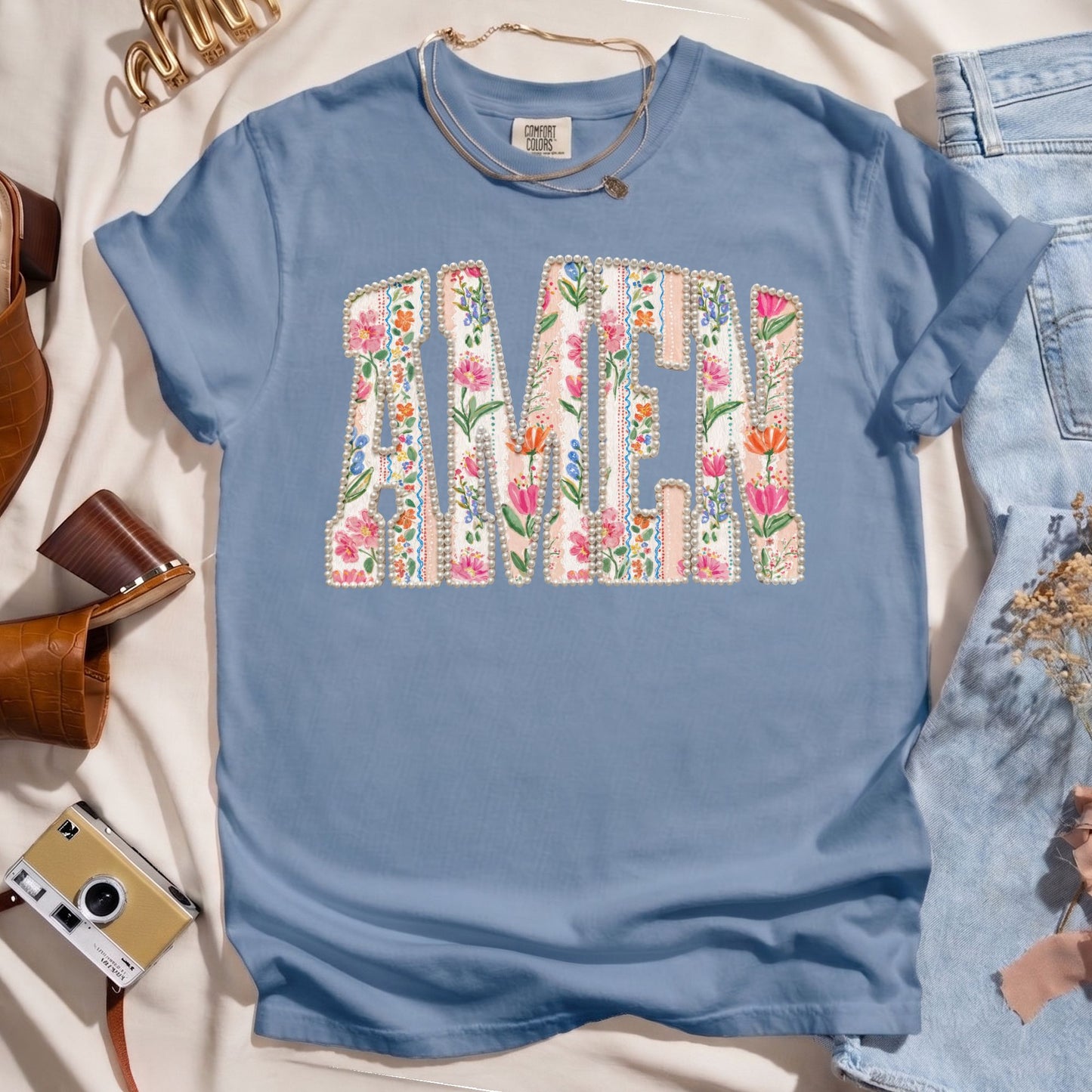 Amen Floral Pearl Letter - Christian Tee