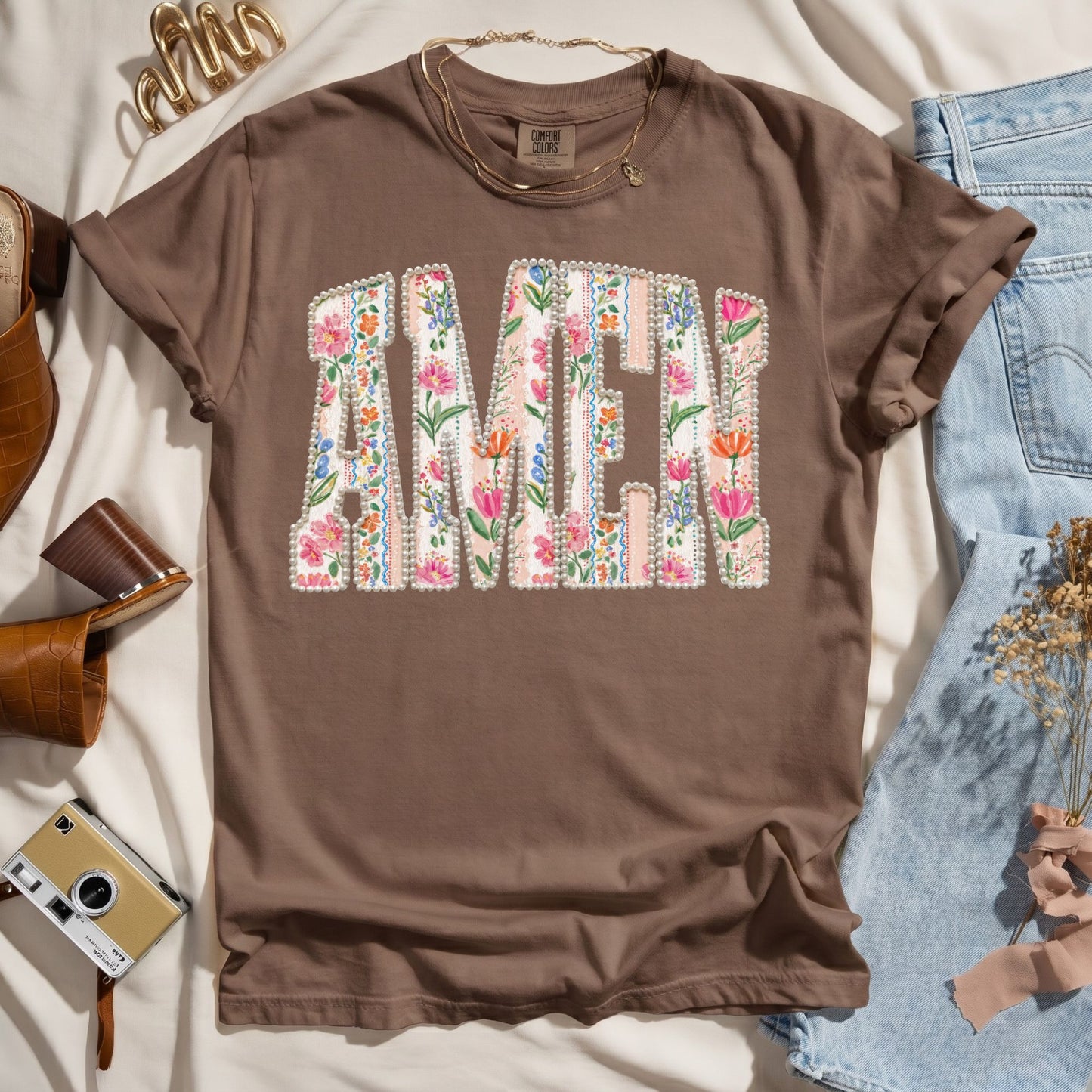 Amen Floral Pearl Letter - Christian Tee