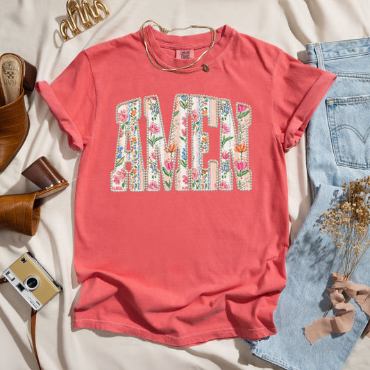 Amen Floral Pearl Letter - Christian Tee
