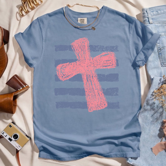 Pink Cross Striped Faith Tee