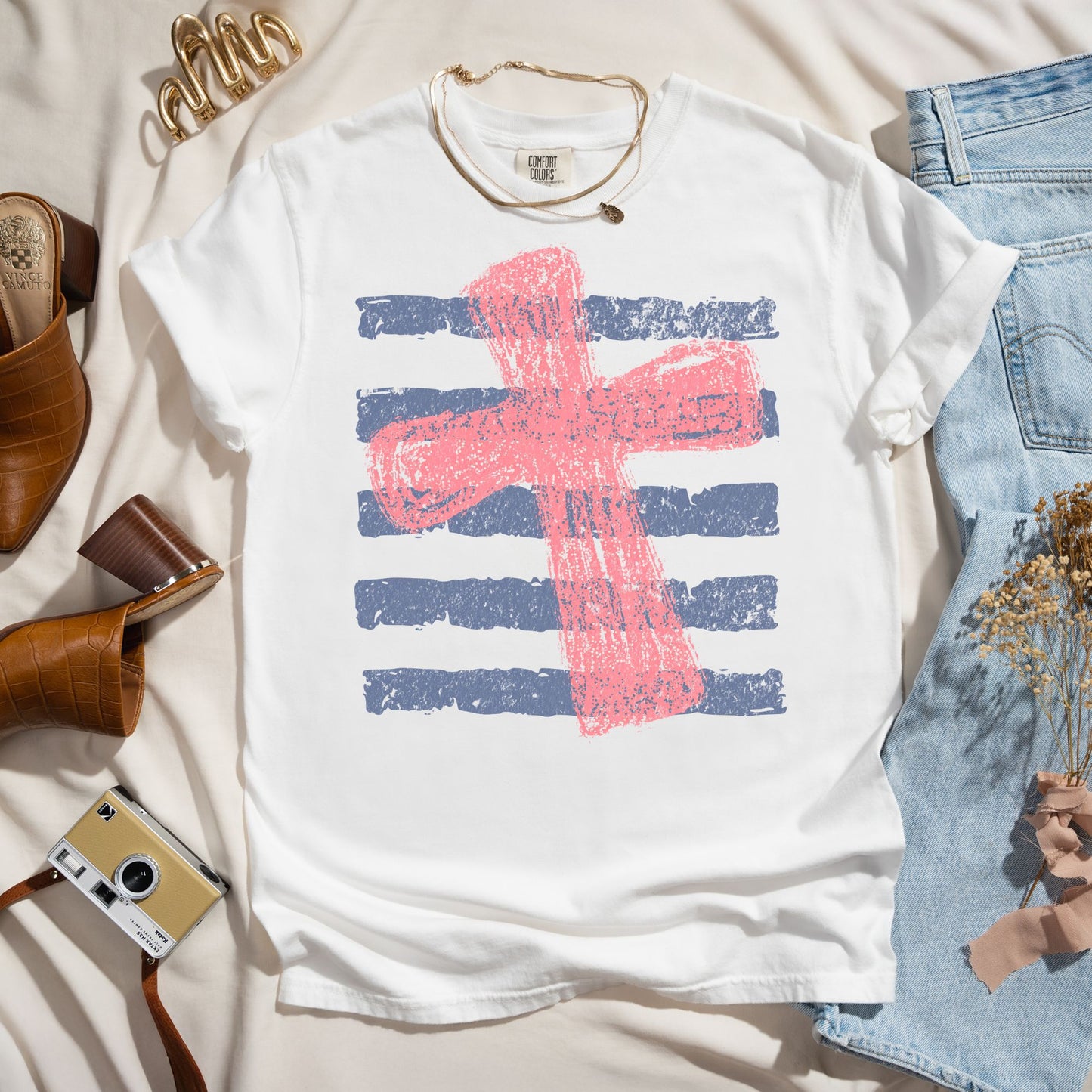 Pink Cross Striped Faith Tee