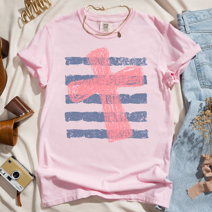 Pink Cross Striped Faith Tee